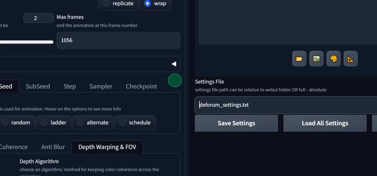 **Do not forget to backup the settings!**

*/mnt/private/deforum_settings.txt*

\
Click **"Save Settings"**