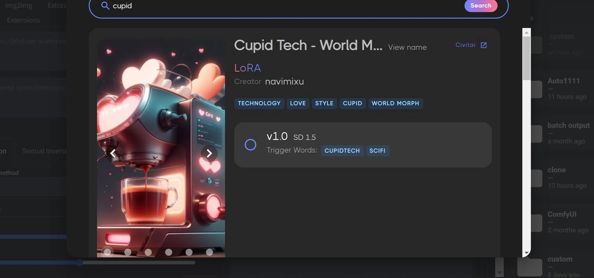 - Click on the "**Search**" field, and start typing
- then hit "**Search"** again to begin the search.
- For example, after typing "**Cupid**", "**Cupid Tech - World Morph**" which is LoRA, will appear.
- Select the listed version **v1.0**.
- Then click "**Download**".