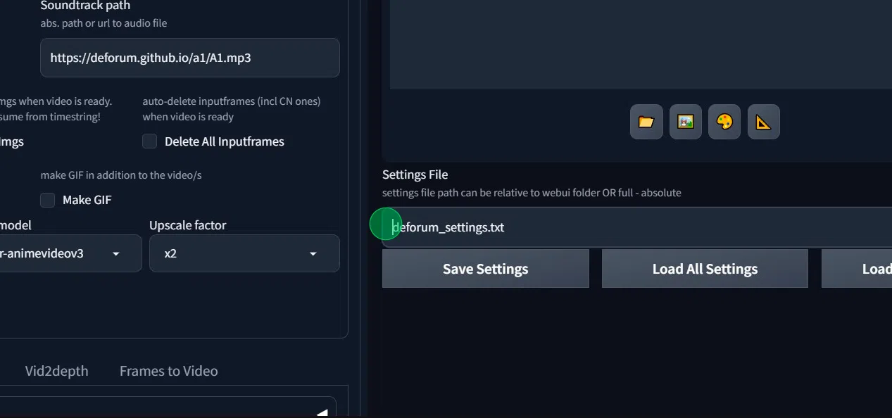 **Backup your settings!**

*in case of local installation of auto1111 ,you can click save settings right away.*

on **Run diffusion**. dont forget to **specify path/**

always add **/mnt/private/**

example:

**/mnt/private/deforum_settings7.txt**\
Click **"Save Settings"**

new file will be created with your saved settings.

and you can load the setings file with the same path by clicking **"Load All Settings" button"** anytime.any session.