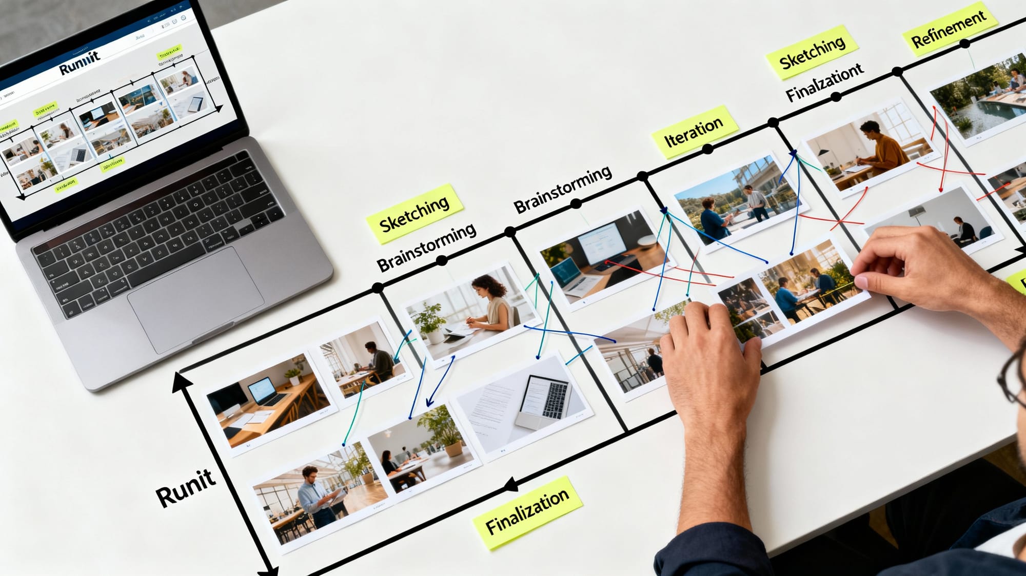 Overhead view of a laptop and printed AI image thumbnails arranged in lanes to represent a structured Runnit board workflow