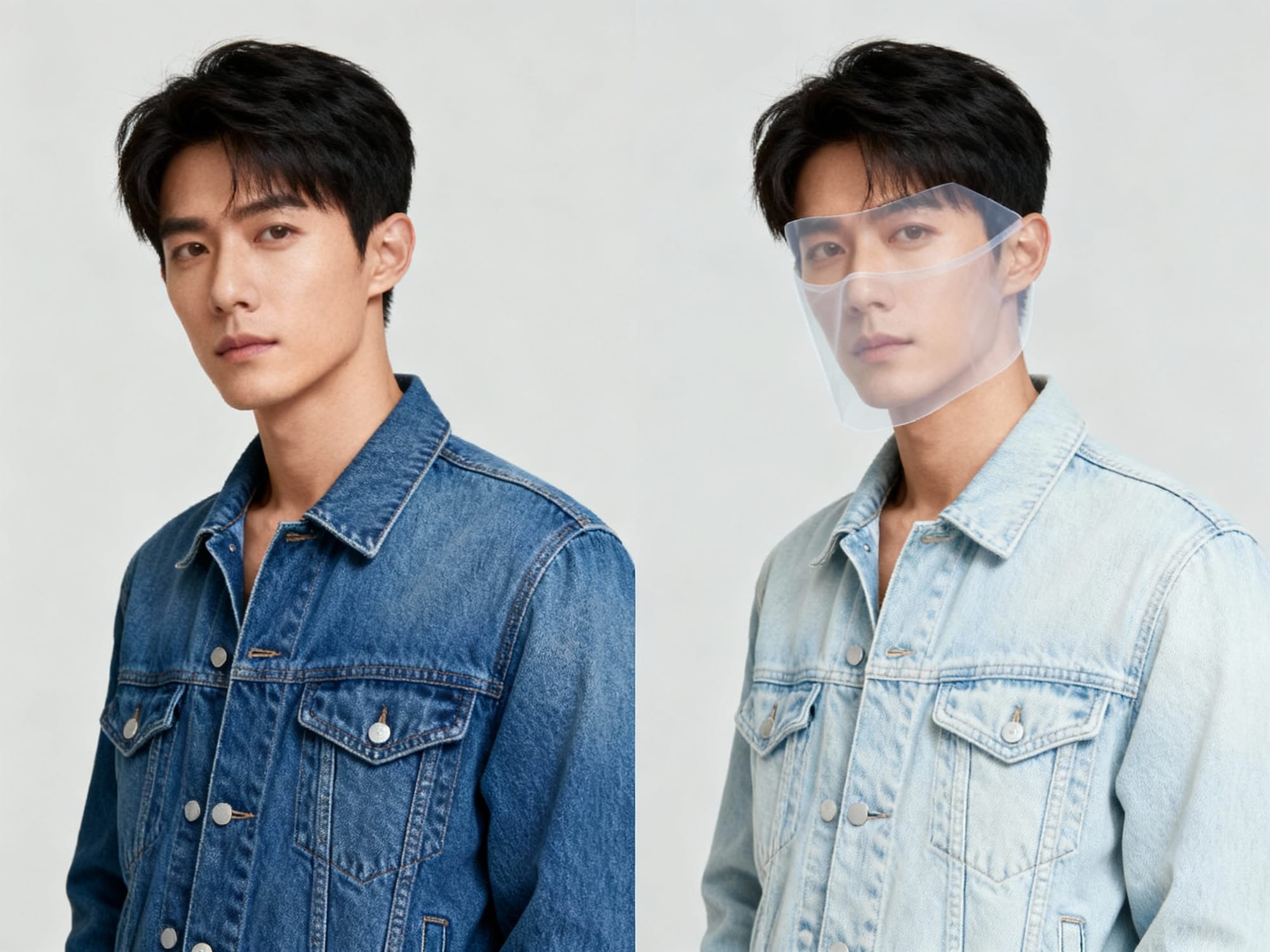 Split‑panel portrait demonstrating Chrono Edit: left original, right jacket lightened two shades with fabric texture preserved and a subtle mask overlay.