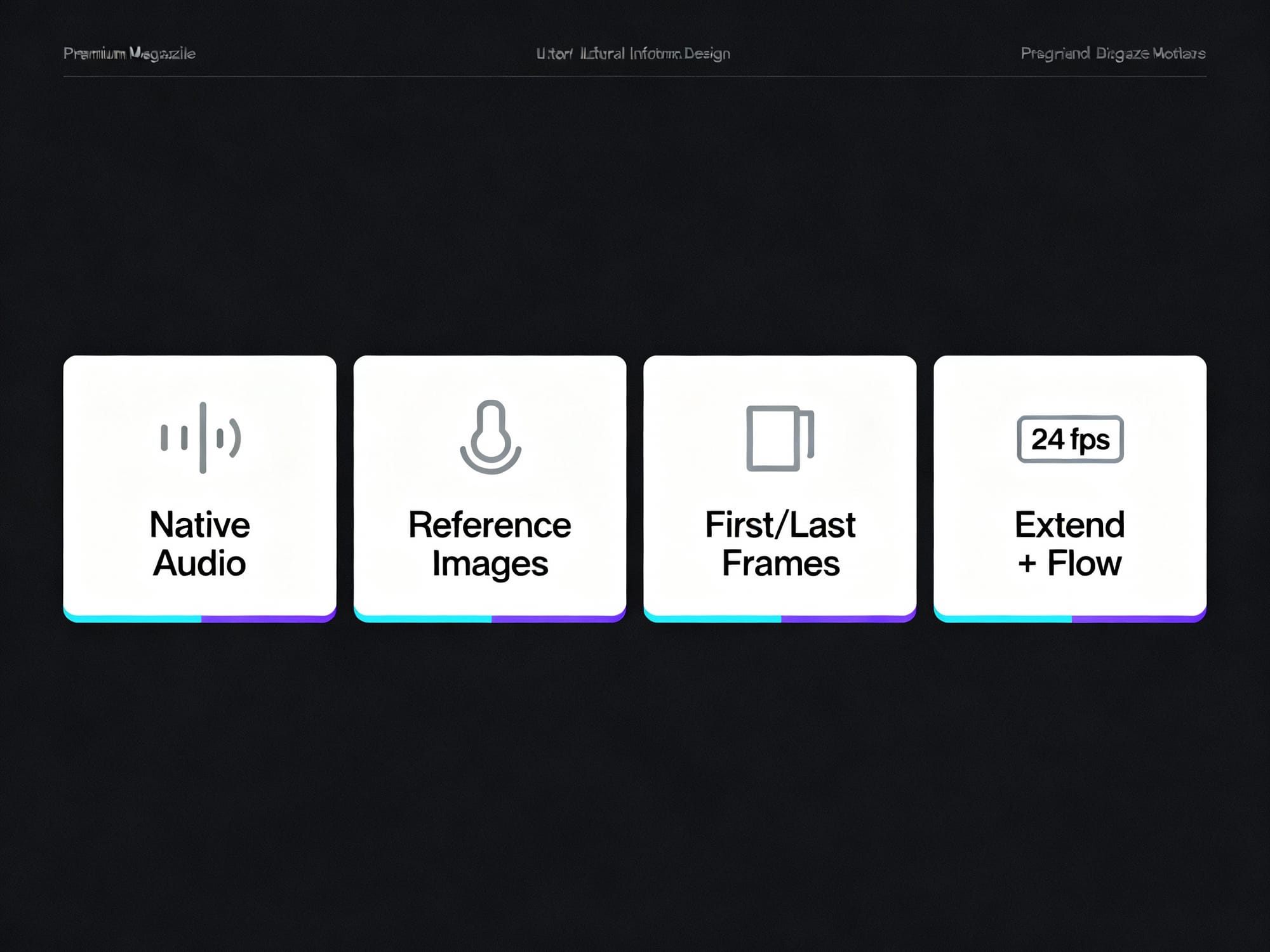 Minimal infographic of Veo 3.1 features with icons for Native Audio, Reference Images, First/Last Frames, Extend and Flow, plus a 24 fps badge.