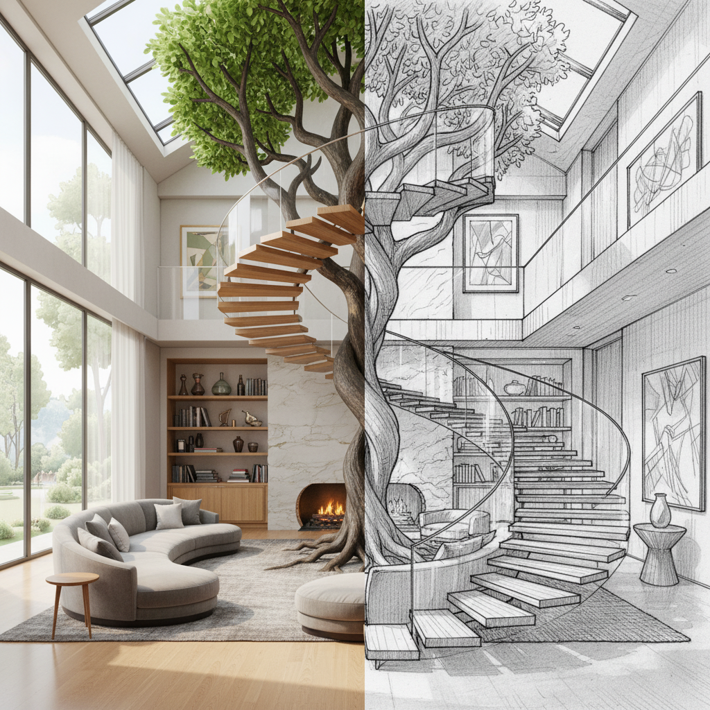 Sketch-to-render workflow example for interior design