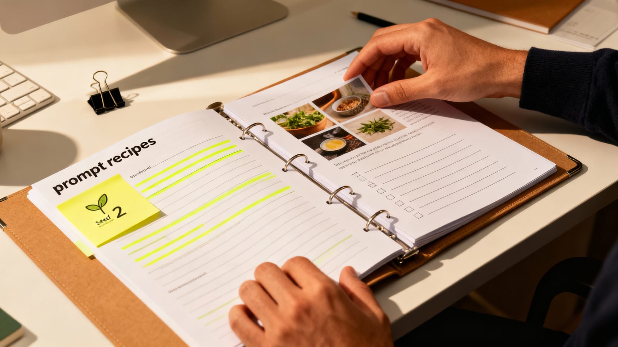 Hands organizing a binder of printed AI prompt recipes with highlighted lines, seed note, and clipped reference thumbnails—showing how to document repeatable runs.