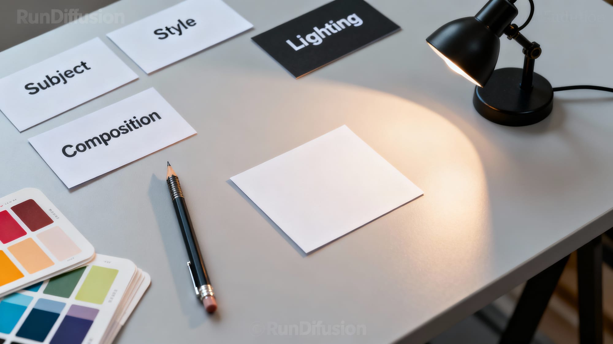 Desk setup with prompt-building cards labeled Subject, Style, Lighting, and Composition beside color swatches and a pencil—visual guide for structured prompting.