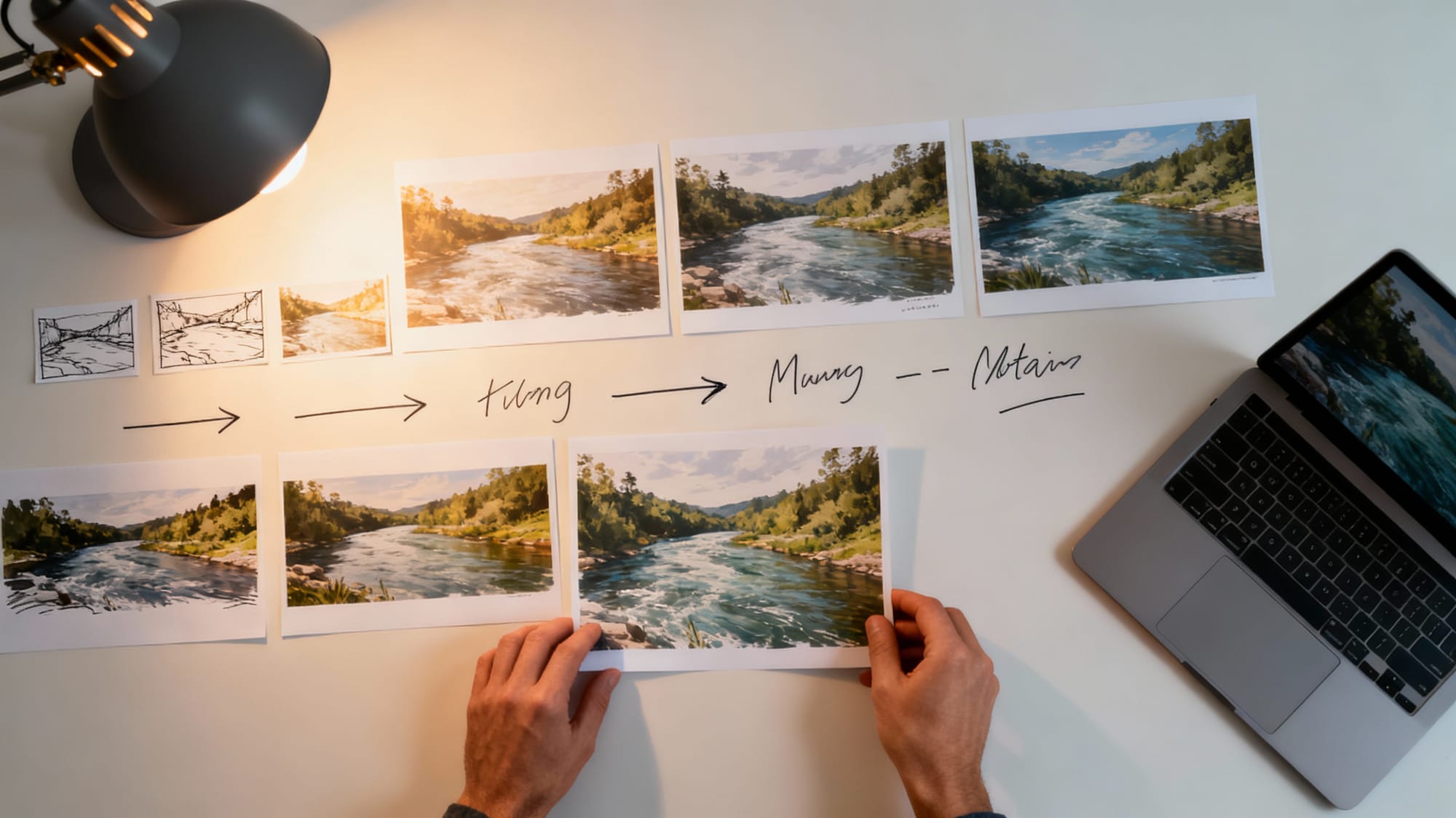 Creator arranging printed AI river thumbnails from low-res drafts to polished finals on a modern desk