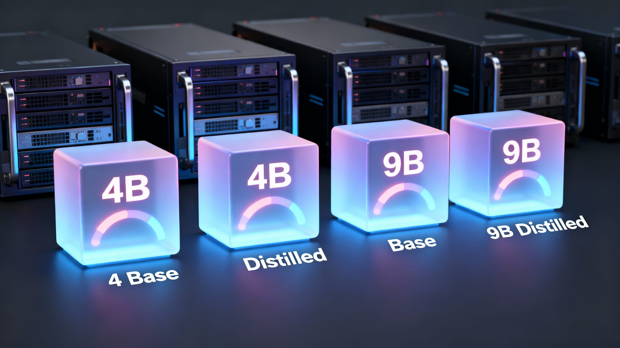 Futuristic studio scene visualizing the Flux.2 Klein 4B and 9B model family as glowing geometric cores, with neon trails showing speed and quality while engineers review generated images.