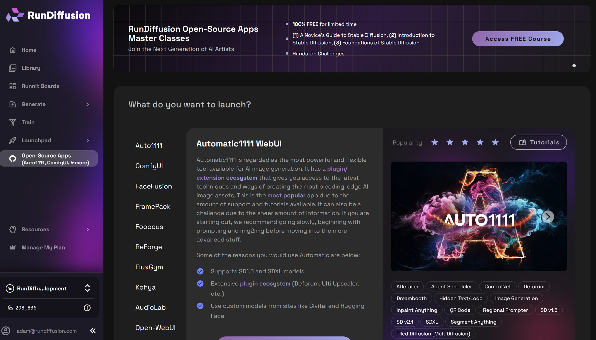 Open-Source Apps in the RunDiffusion sidebar