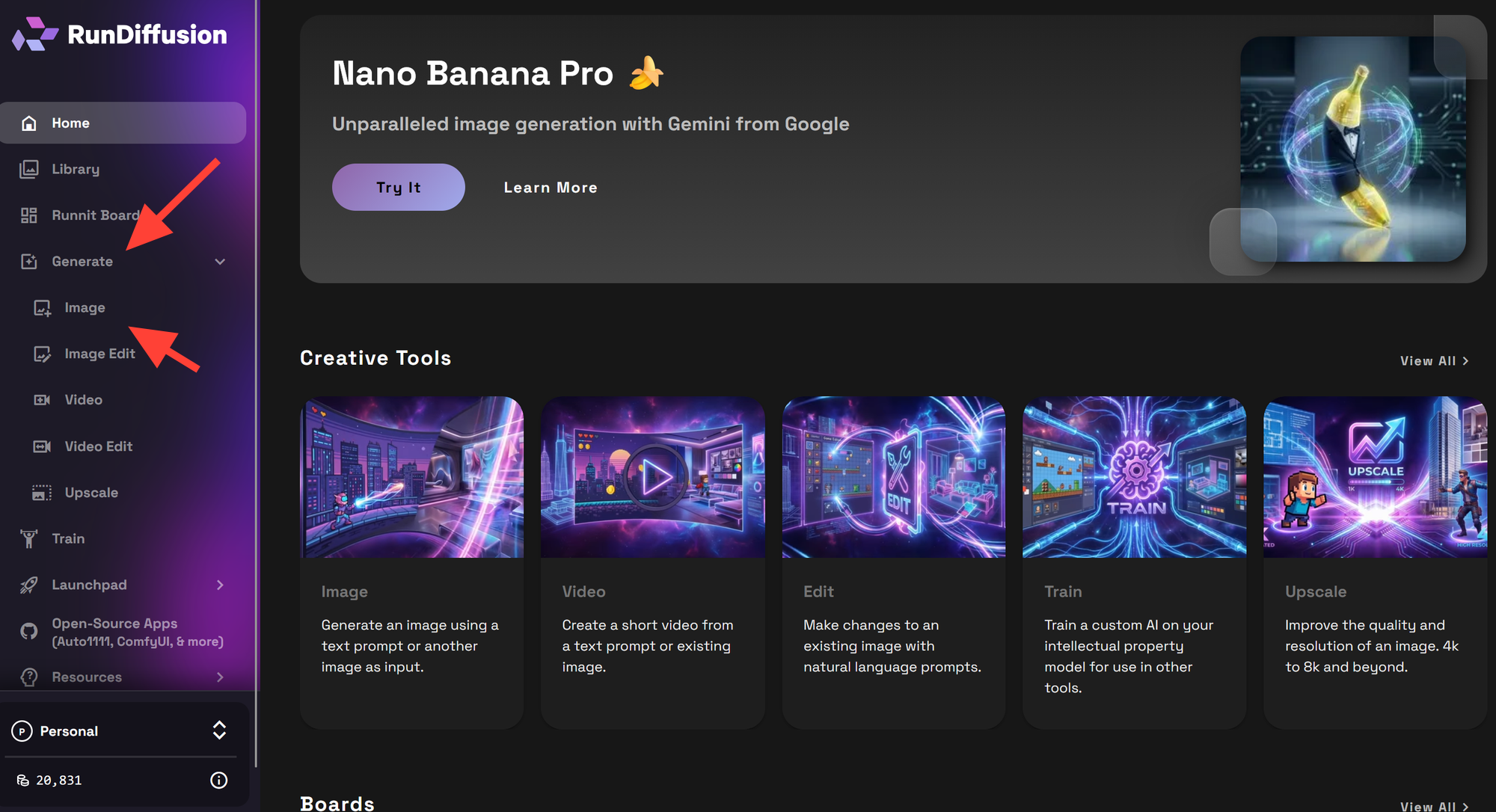 RunDiffusion left sidebar showing Generate and Image options for architecture image creation