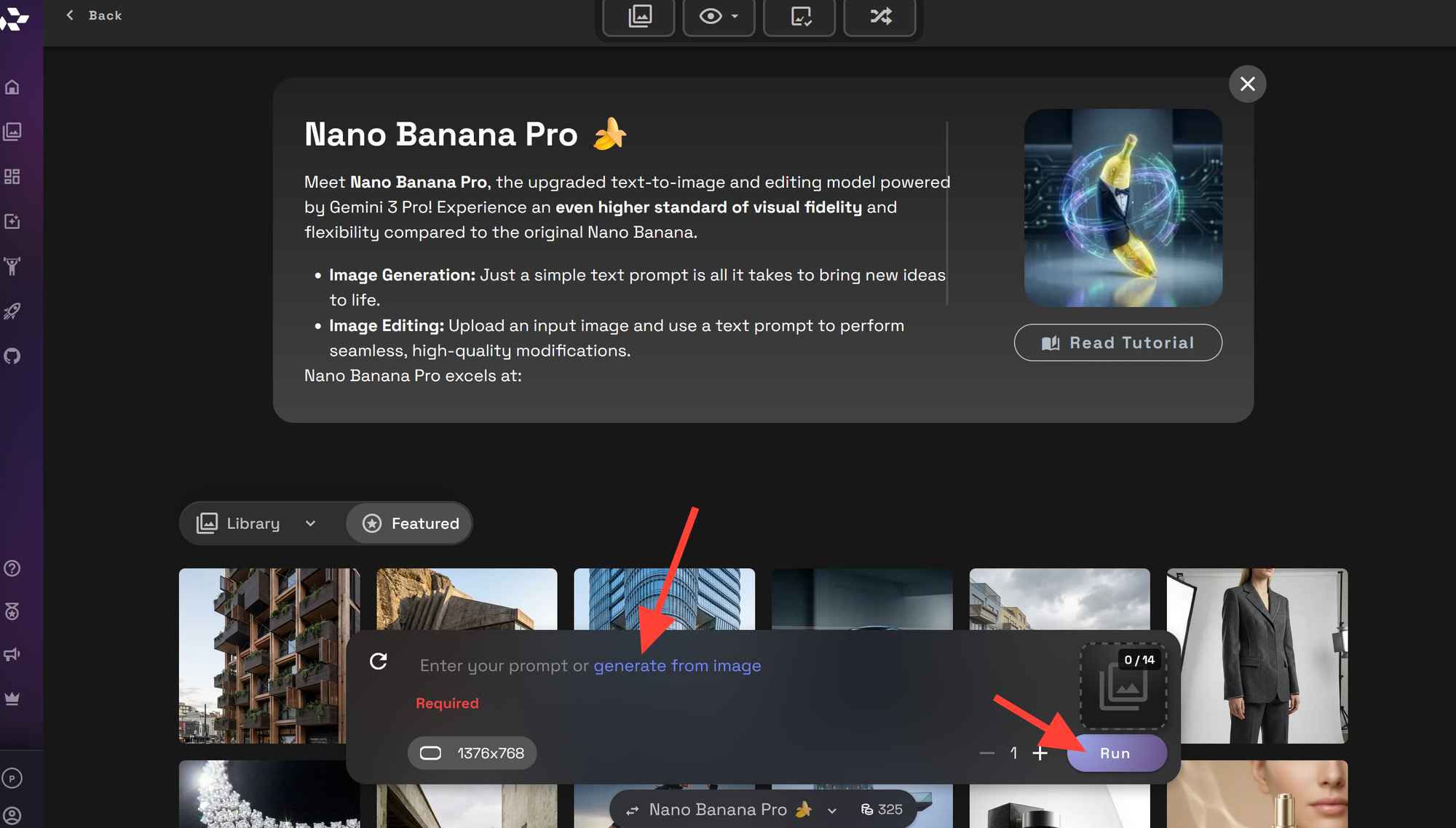 RunDiffusion image generation interface creating architectural visuals from a prompt
