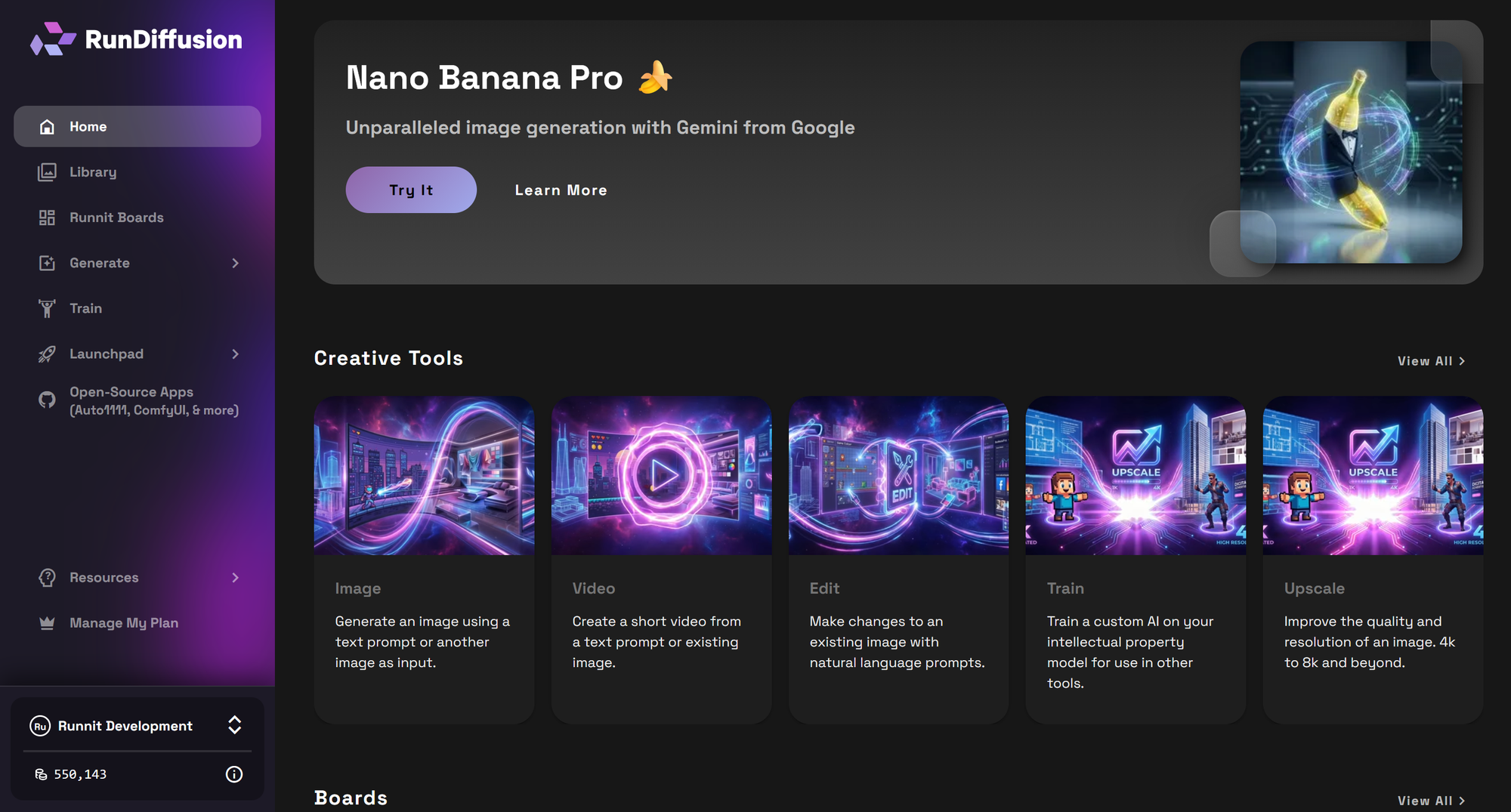 RunDiffusion platform dashboard after login for AI architecture workflows