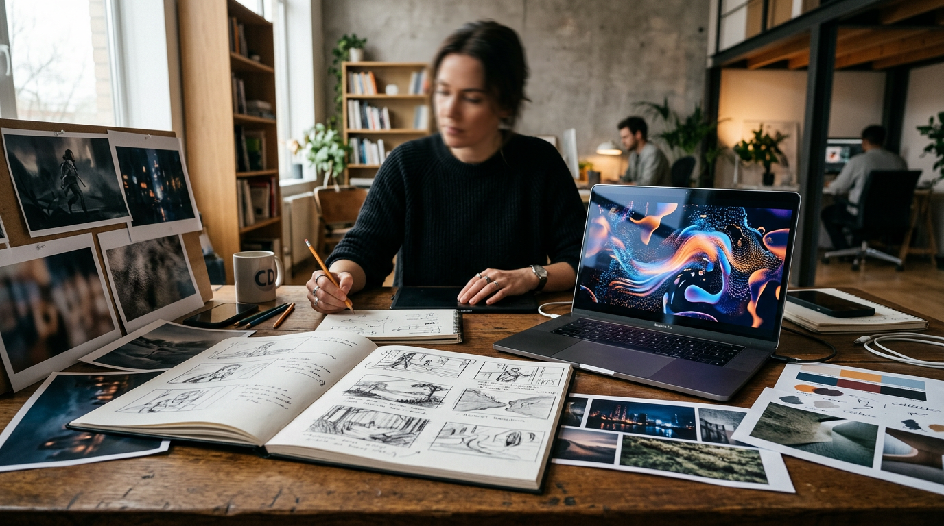 Creative planning scene for writing prompts and organizing references for AI video generation