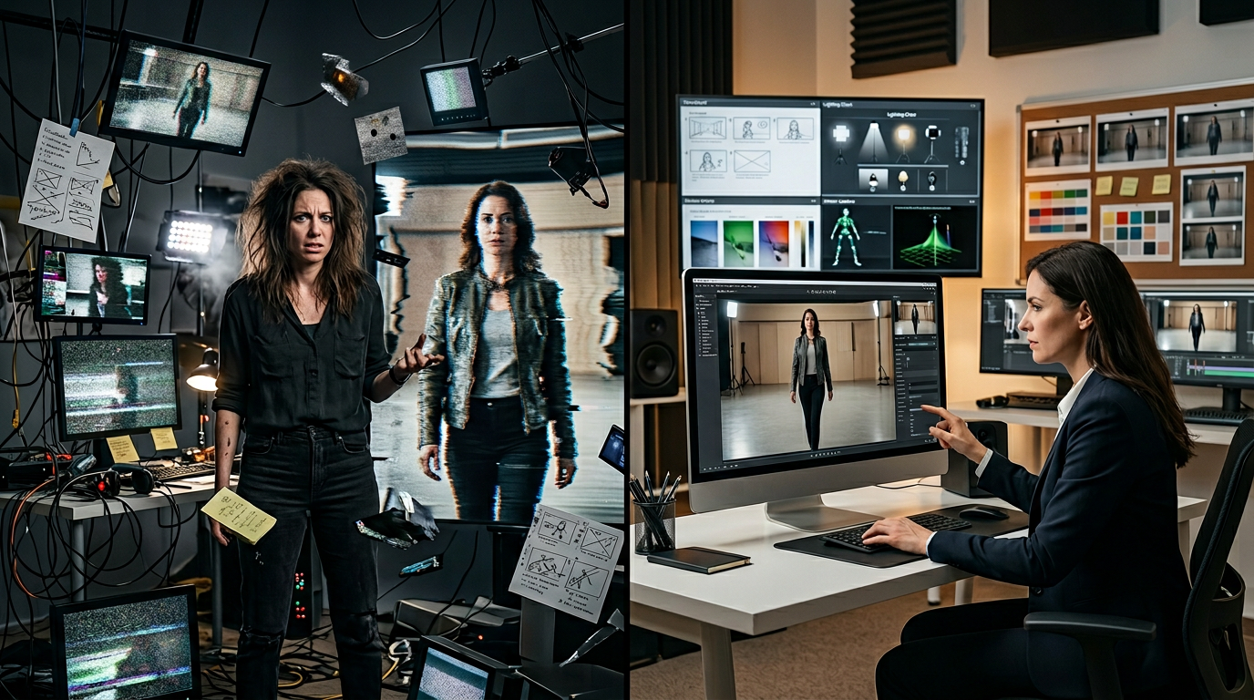 Before-and-after troubleshooting concept for inconsistent AI video generation results