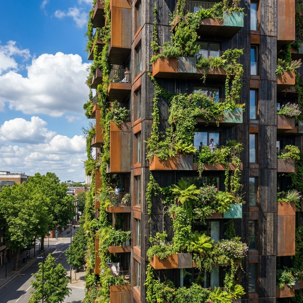 High-rise residential tower using a facade of burnt wood and metal with balconies full of beautiful green plants.&nbsp; background has a beautiful blue sky with clouds.High-rise residential tower using a facade of burnt wood and metal with balconies full of beautiful green plants.&nbsp; background has a beautiful blue sky with clouds.
