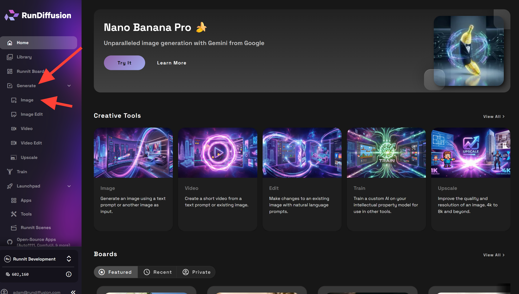 RunDiffusion sidebar with Generate and Image selected