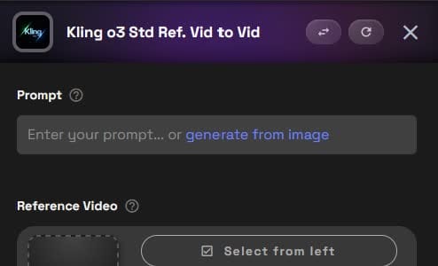 Top section of the Kling O3 Std Ref. Vid to Vid settings panel in Runnit