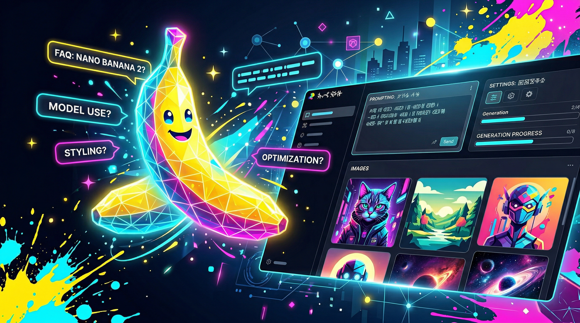 Colorful futuristic banner introducing the Nano Banana 2 FAQ section