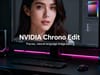 Cinematic hero graphic of a photo‑editing workspace with a portrait and masked region, centered text 'NVIDIA Chrono Edit: Precise, natural‑language image editing'.