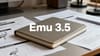 Editorial hero: centered “Emu 3.5” title over a cinematic studio desk with printed diagrams and soft rim light—evokes multimodal AI and readable on-image text.