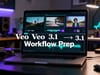 Editorial hero image of a laptop with a video timeline, icons for reference images, first/last frames, extend tool, and audio waveform, with centered title text 'Veo 3.1 Workflow Prep'.