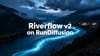 Editorial cover-style riverscape at blue hour with a luminous winding river and central title text Riverflow v2 on RunDiffusion